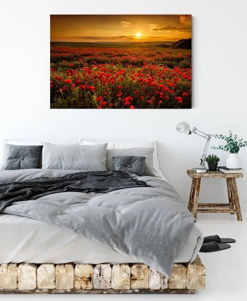 Pixxprint Leinwandbild Mohnblütenfeld bei Sonnenuntergang Bunt - Bild 3
