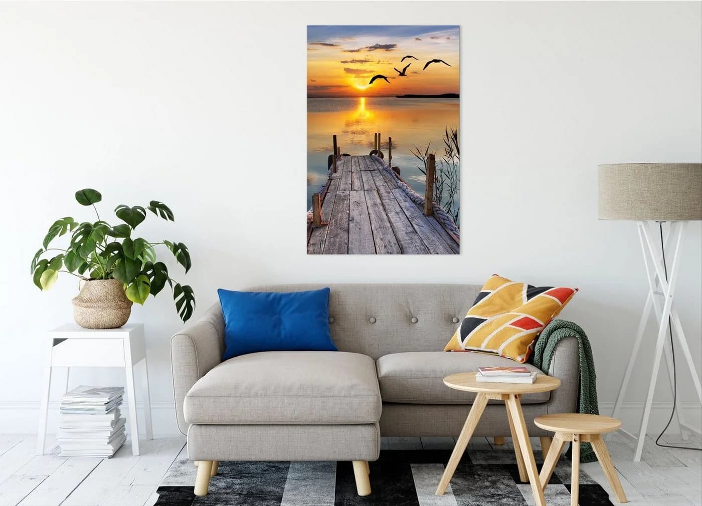 Pixxprint Leinwandbild Steg bei Sonnenuntergang Bunt