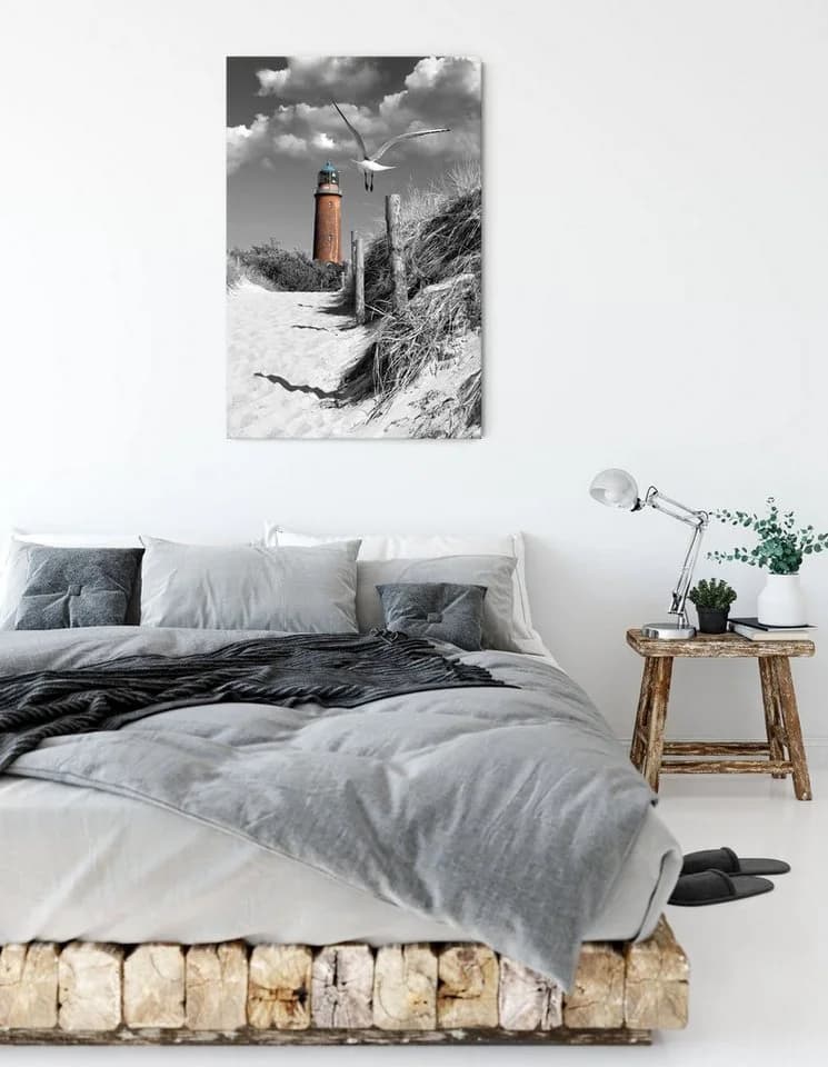 Pixxprint Leinwandbild Leuchtturm mit Möwe an Strandweg - Bild 3