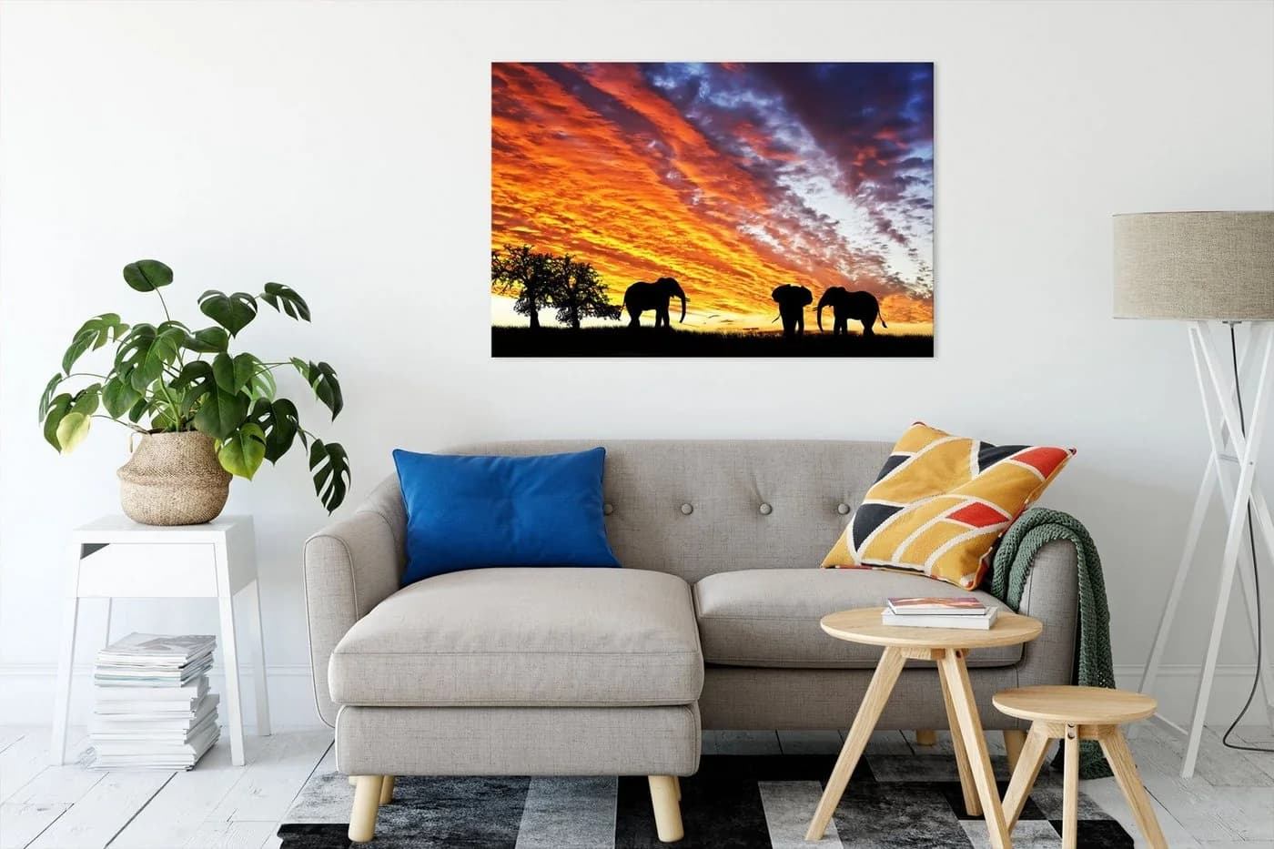 Pixxprint Leinwandbild Elefanten in Wüste Bunt