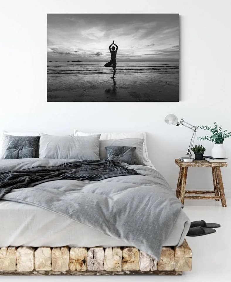 Pixxprint Leinwandbild Yoga am Strand Schwarz-Weiß Kunst - Bild 3