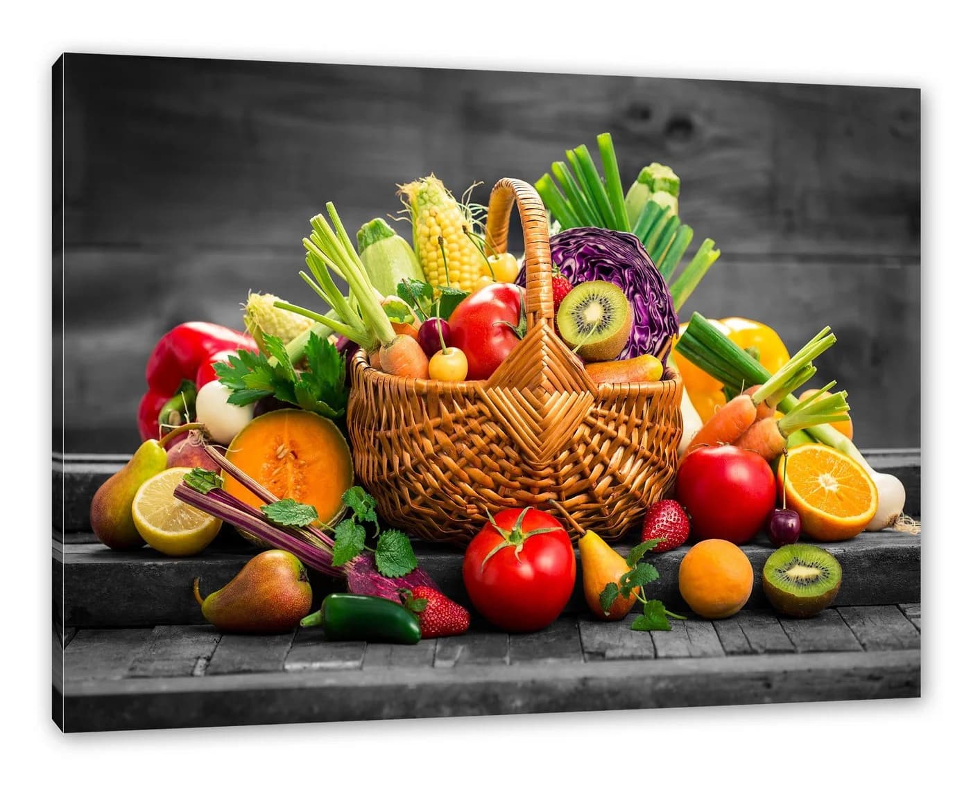 Pixxprint Leinwandbild Frisches Obst und Gemüse im Korb Bunt - Bild 2