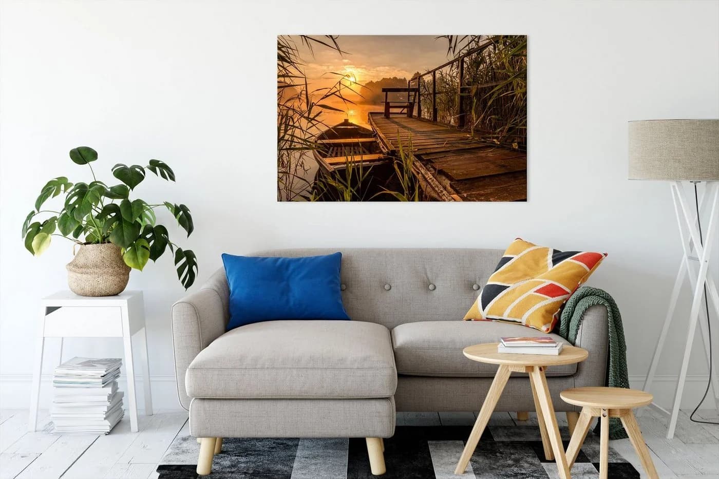 Pixxprint Leinwandbild Bootssteg am See bei Sonnenuntergang Bunt