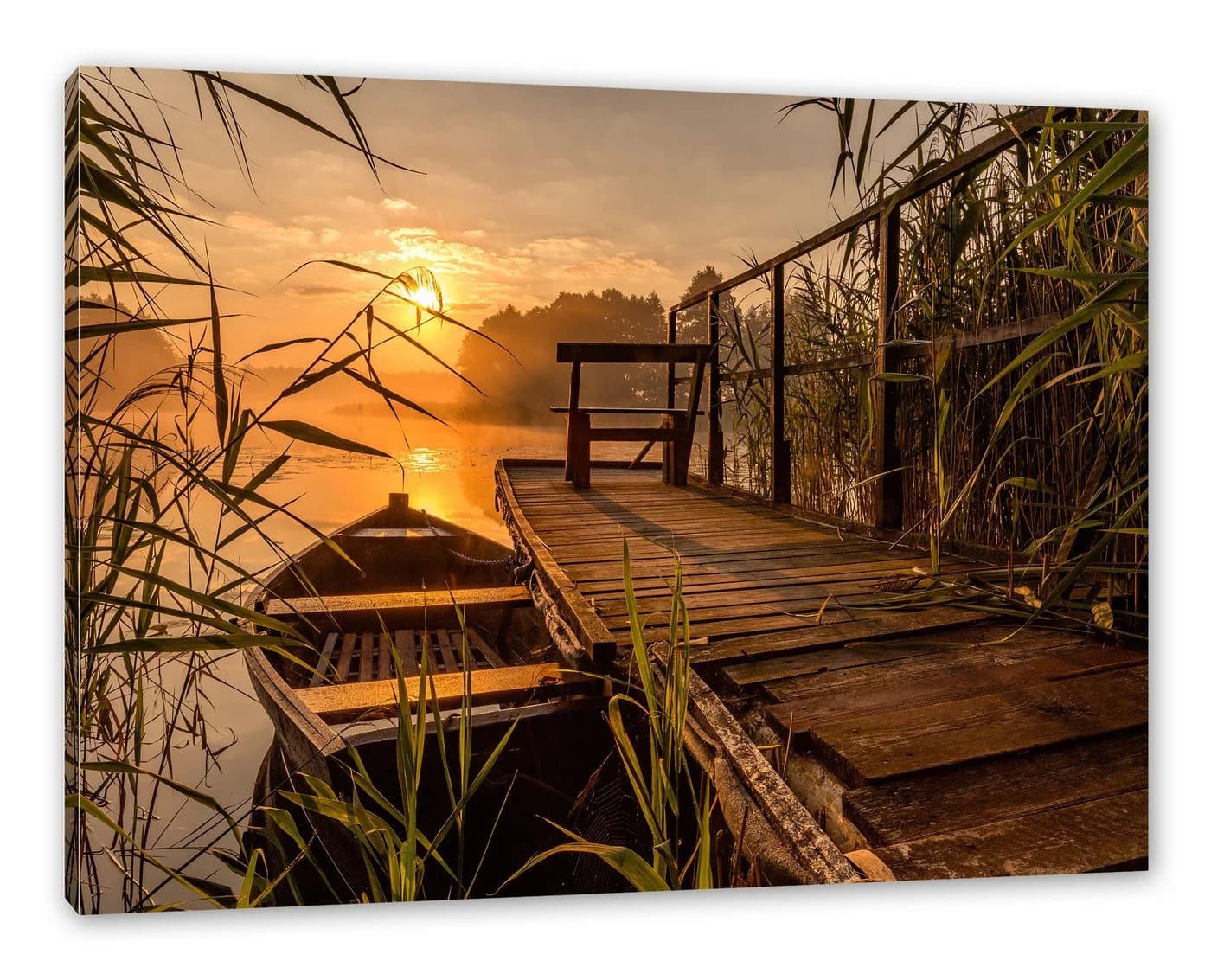 Pixxprint Leinwandbild Bootssteg am See bei Sonnenuntergang Bunt - Bild 2