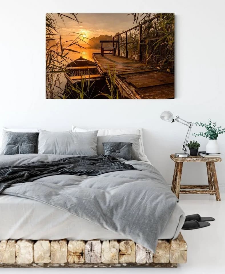 Pixxprint Leinwandbild Bootssteg am See bei Sonnenuntergang Bunt - Bild 3