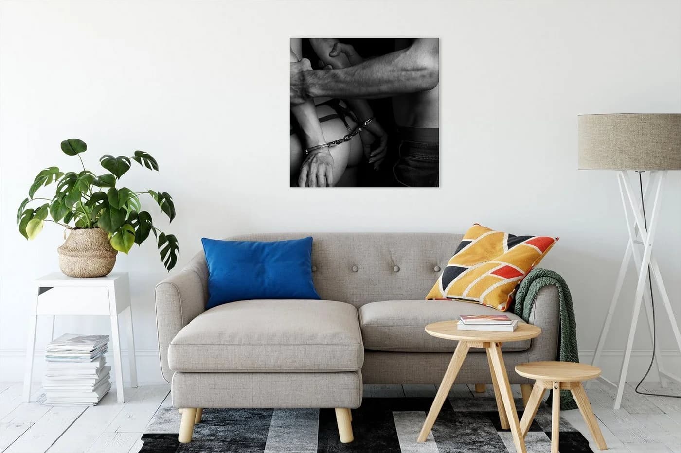 Pixxprint Leinwandbild Sexy Frau in Handschellen Bunt