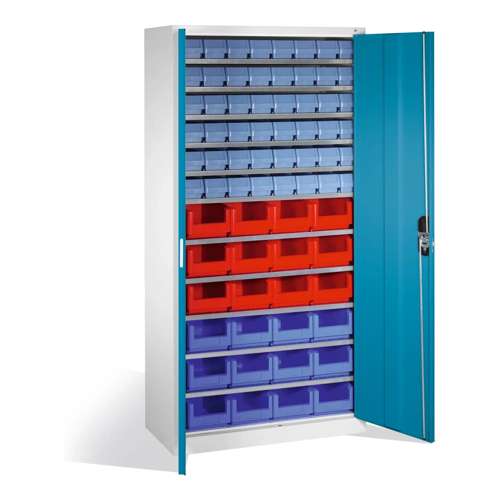 C+P Magazinschrank mit 72 Sichtlager- und Regalkästen, Stahlkonstruktion, Lichtblau/Lichtgrau