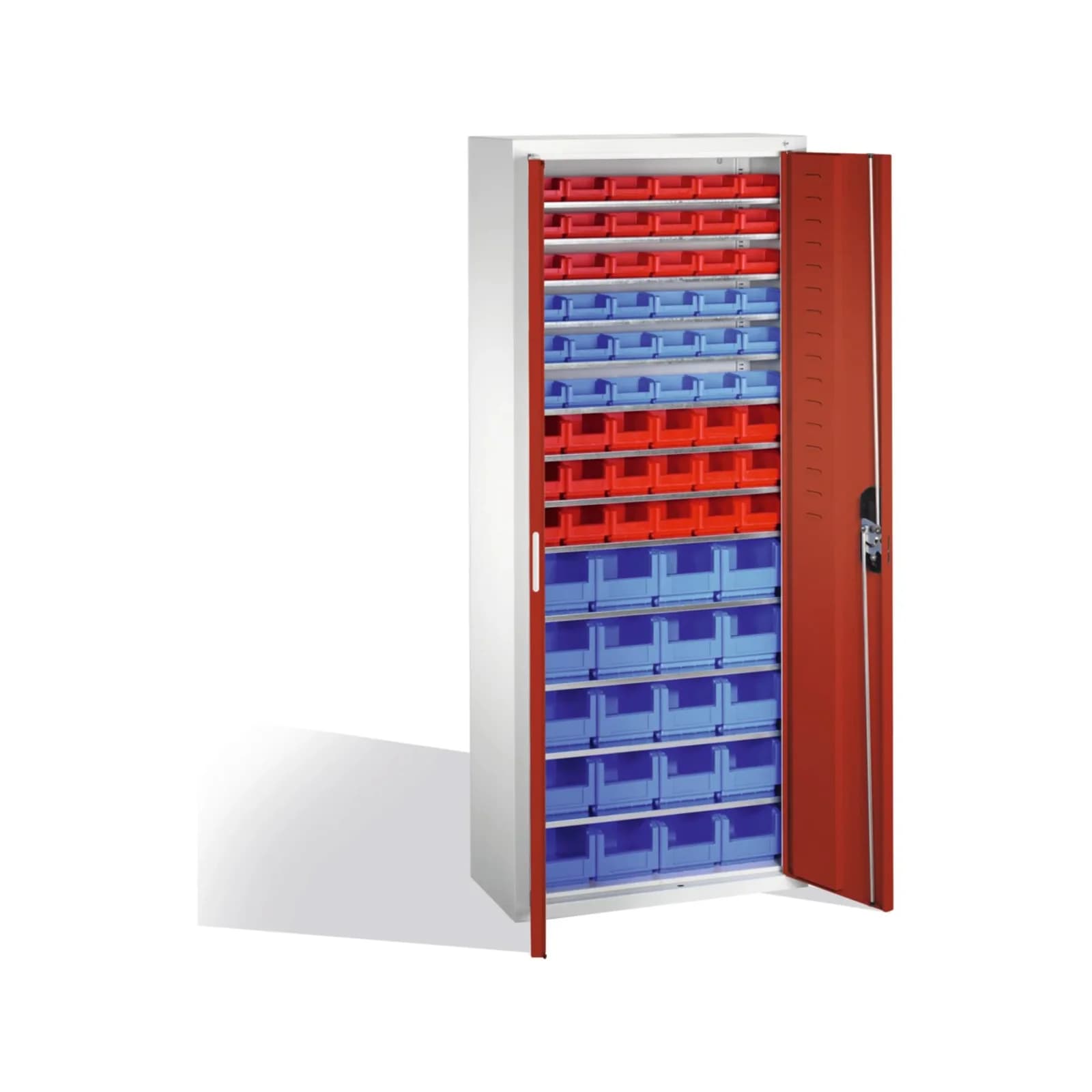 C+P Magazinschrank mit 74 Sichtlagerkästen Rubinrot Lichtgrau