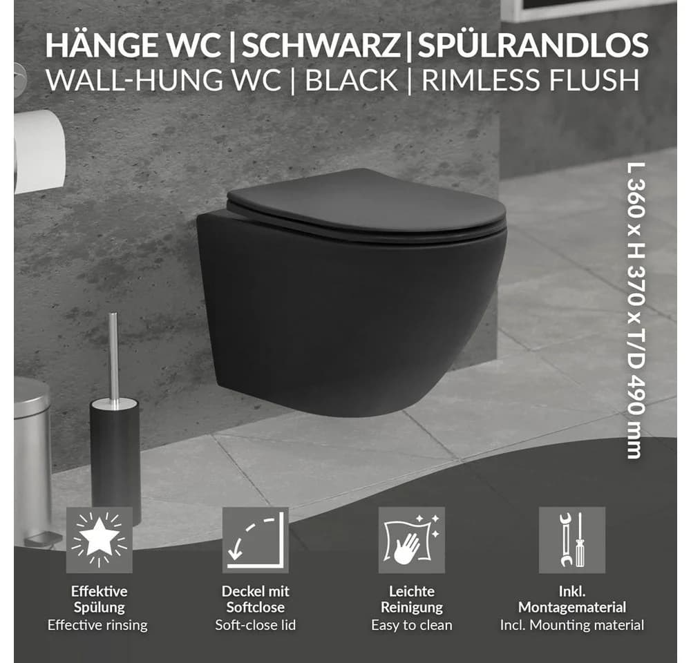 LuxeBath Wand-WC Spülrandlos Schwarz matt mit Softclose WC-Sitz