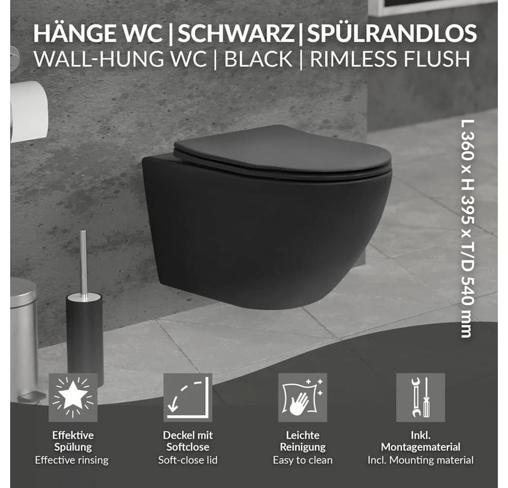 LuxeBath Spülrandloses Hänge-WC Schwarz Matt mit Softclose-Sitz