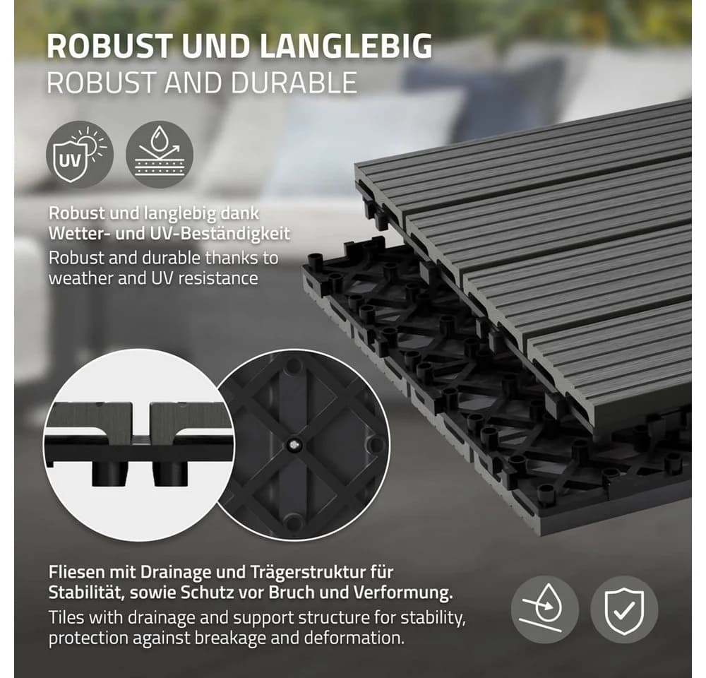 ECD Germany Terrassenfliesen WPC Anthrazit mit Klicksystem & Drainage - Bild 3