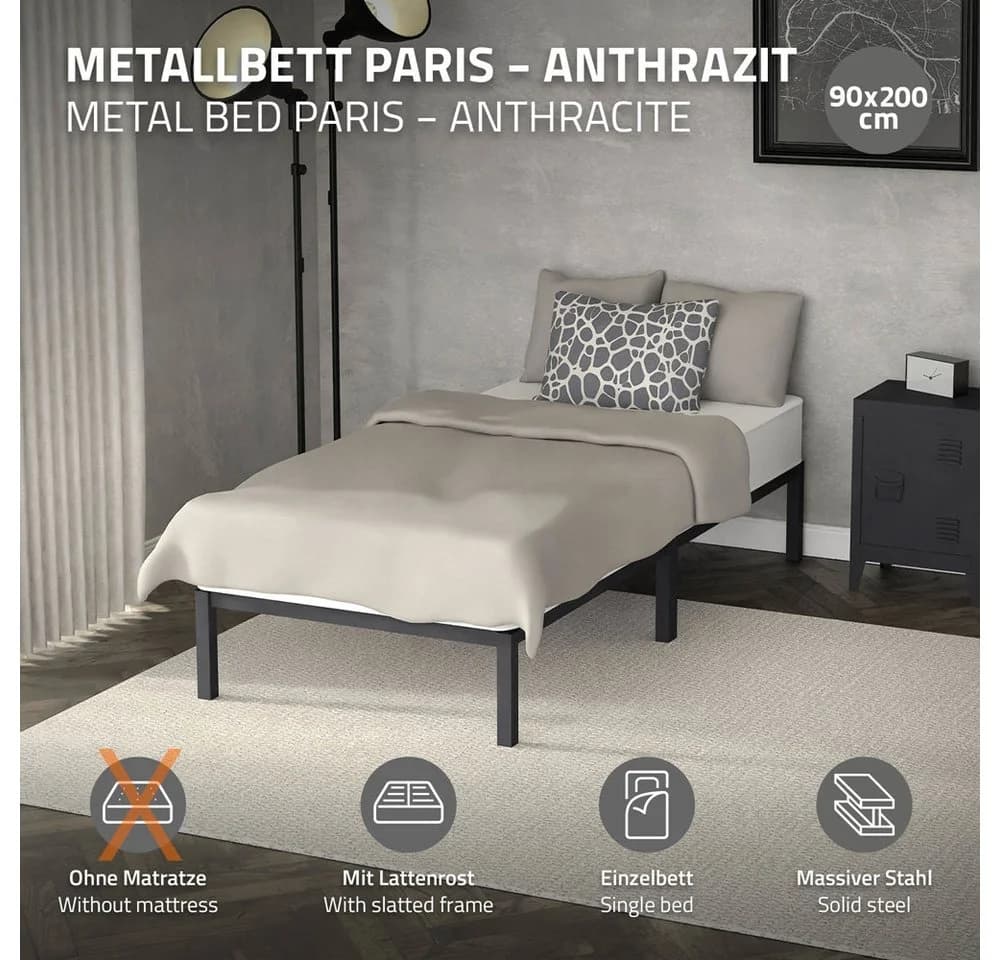 ML-DESIGN Metallbett Paris Einzelbett mit Lattenrost Anthrazit