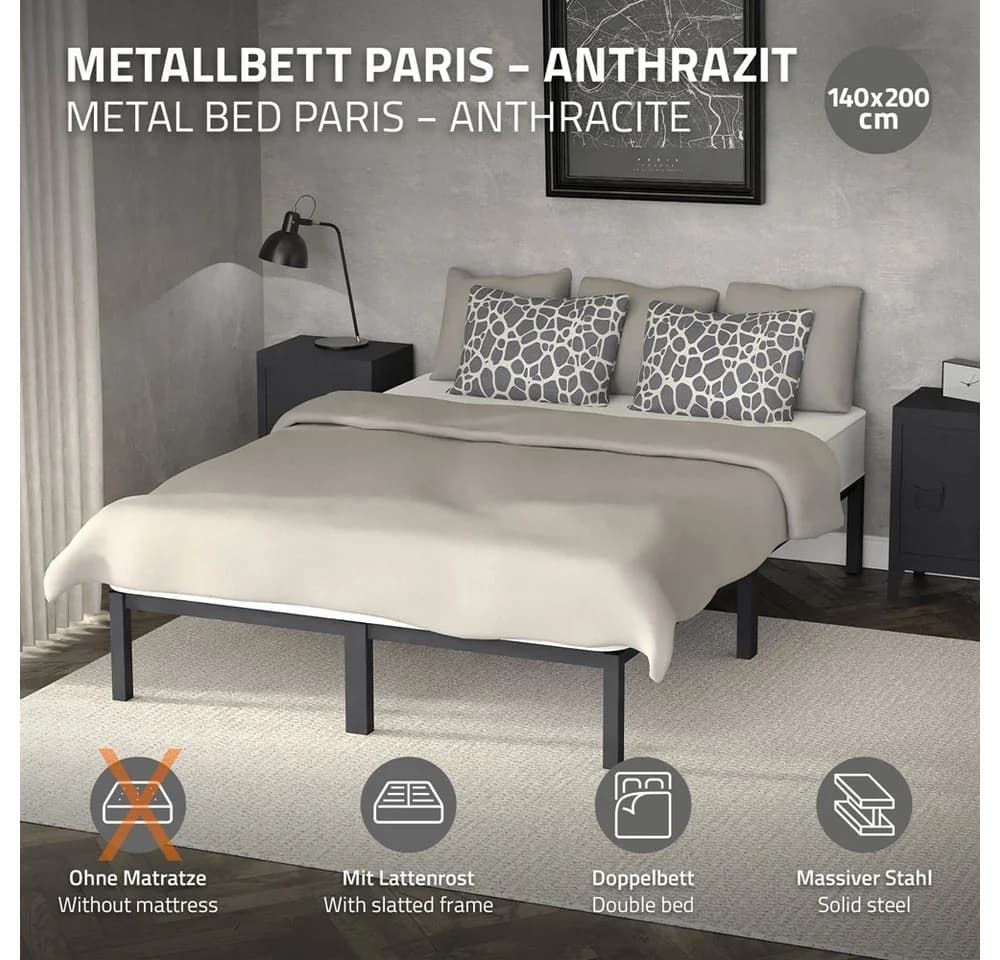 ML-DESIGN Metallbett Doppelbett Paris mit Lattenrost Anthrazit