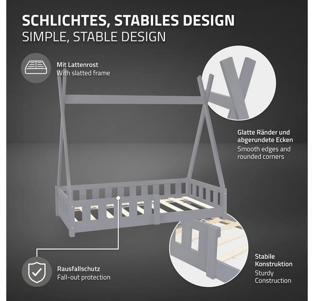 ML-DESIGN Spielbett Tipi Zeltbett Grau Massivholz mit Rausfallschutz - Bild 3