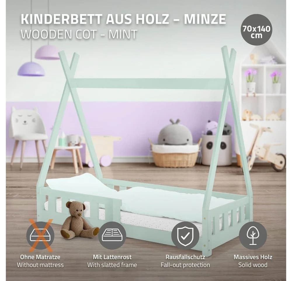ML-DESIGN Spielbett Tipi Zeltbett Mint Kiefer mit Rausfallschutz