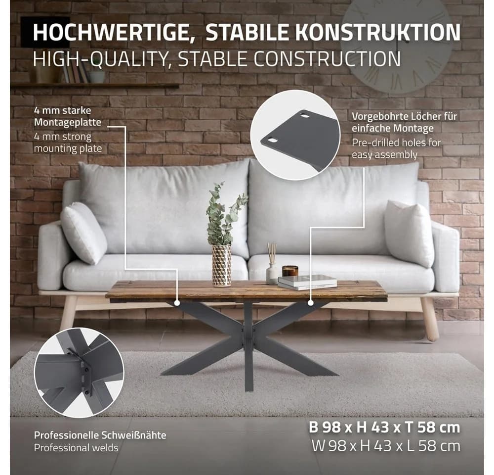 ML-DESIGN Tischbein Tischgestell Spider Kreuzgestell Schwerlast aus Stahl für DIY, Tischfüße X-Design 98x58x43 cm Anthrazit Industriedesign