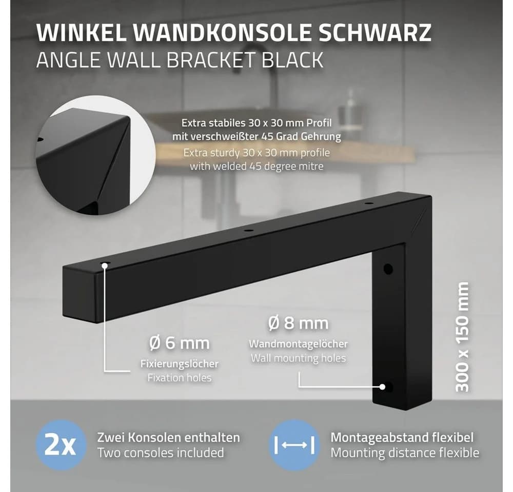 ML-DESIGN Wandregalhalter Wandkonsole Set für Waschtisch aus Stahl Regalhalter, 2-tlg., Regalwinkel L-Form Schwarz Konsolenträger Regalträger Halterung - Bild 3