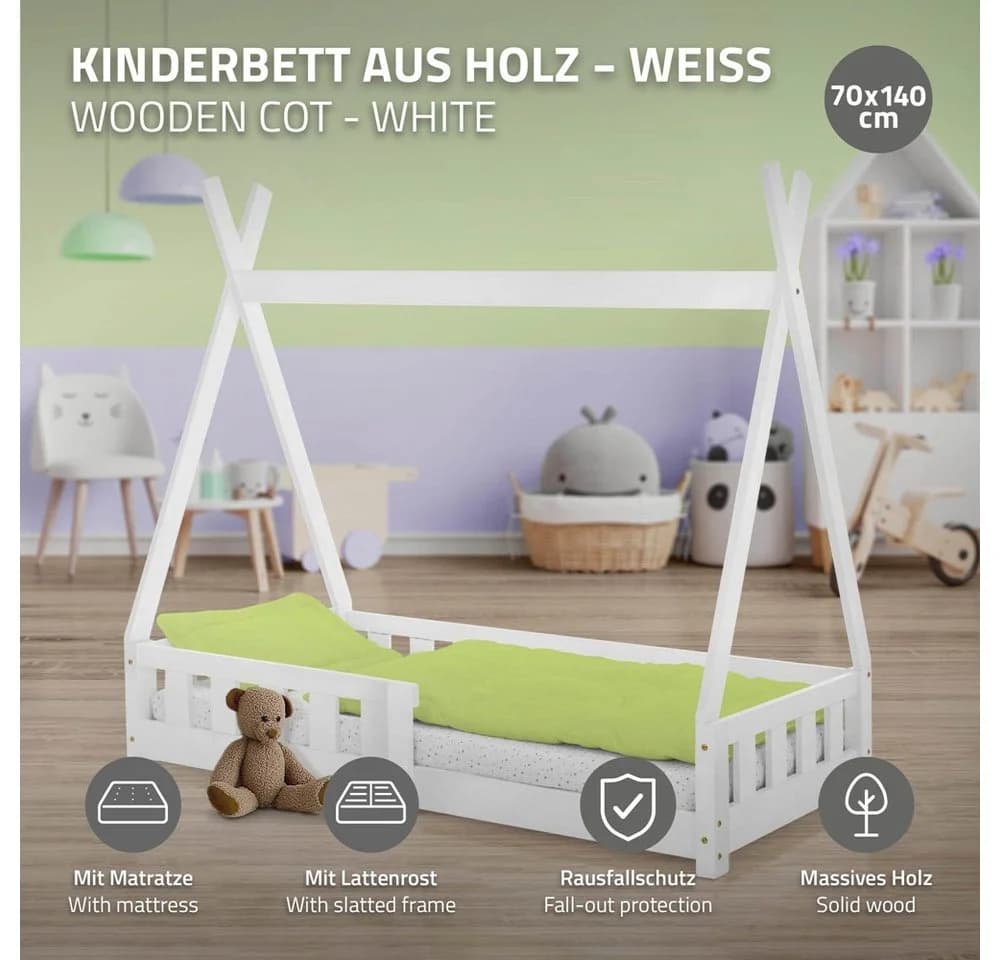 ML-DESIGN Kinderbett Tipi Zeltbett Weiß mit Matratze und Lattenrost