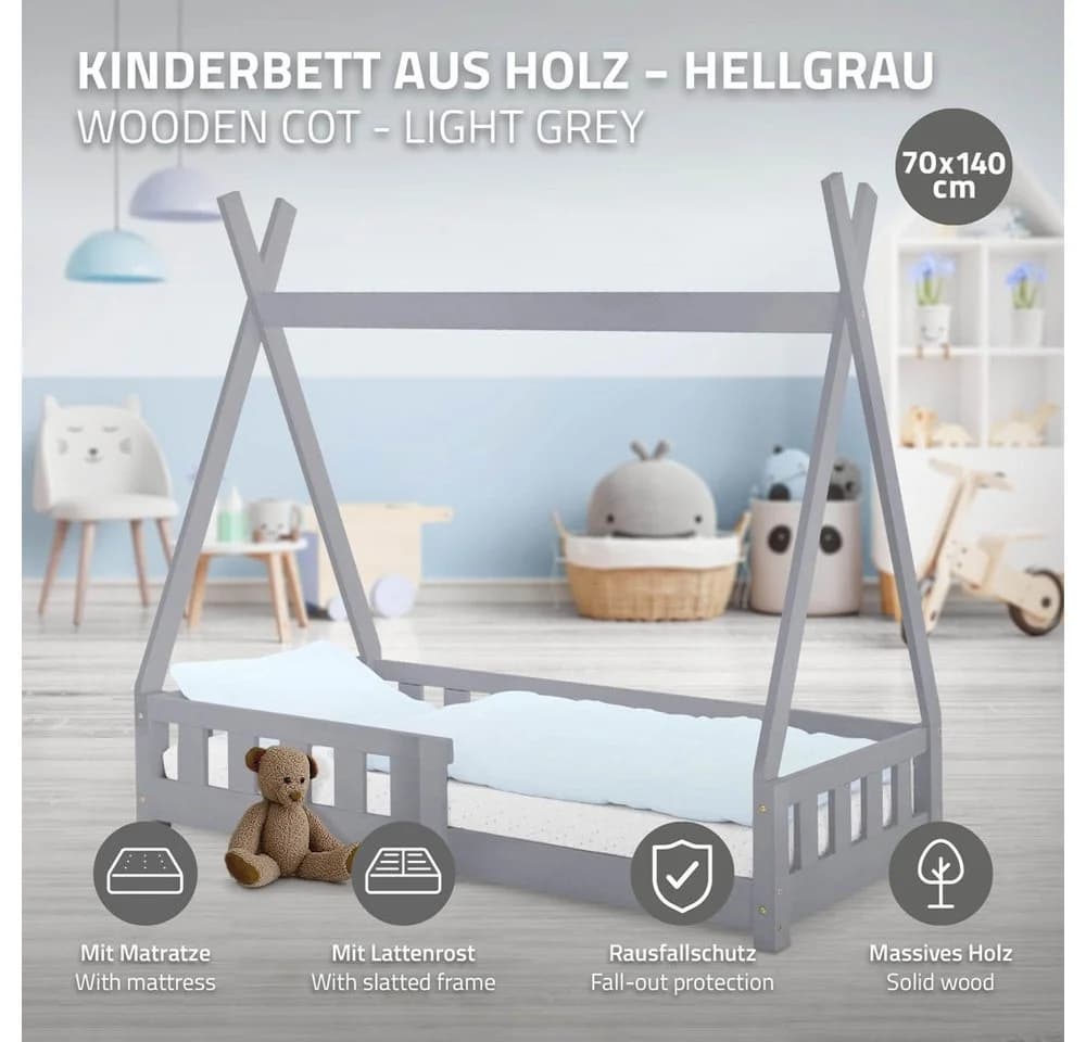 ML-DESIGN Spielbett Tipi Zeltbett Grau mit Lattenrost & Matratze