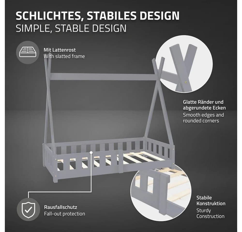ML-DESIGN Spielbett Tipi Zeltbett Grau mit Lattenrost & Matratze - Bild 4