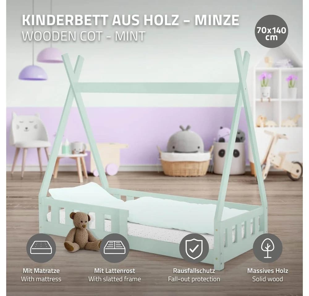 ML-DESIGN Spielbett Tipi Zeltbett Kiefer Mint inkl. Matratze
