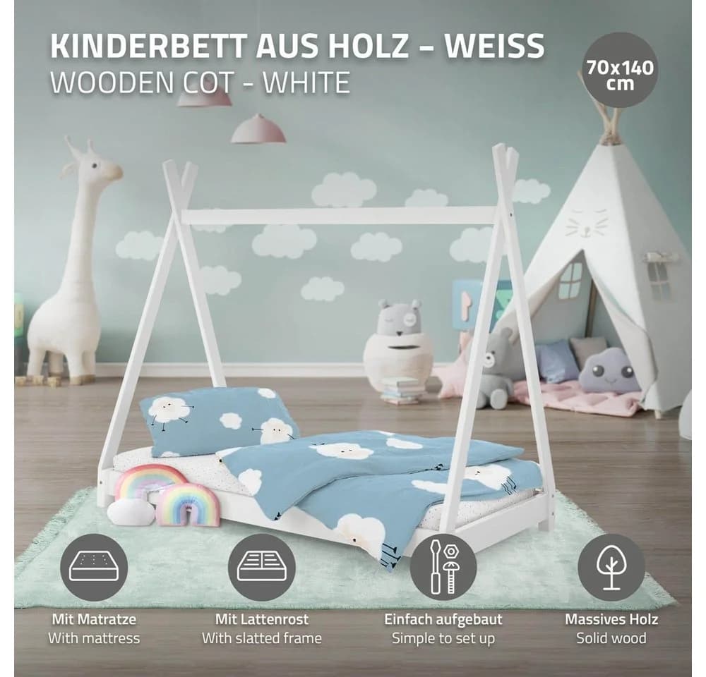 ML-DESIGN Spielbett Tipi Zeltbett Weiß inkl. Lattenrost & Matratze