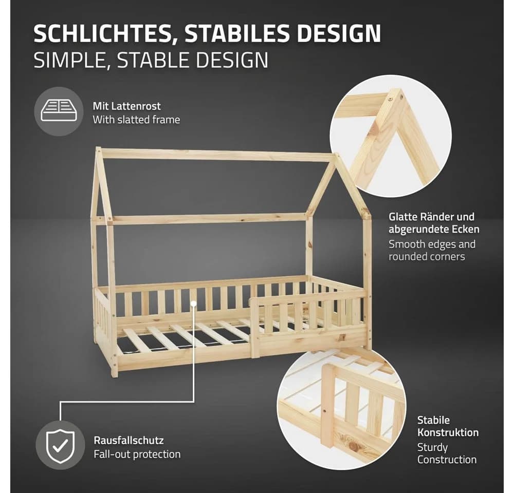ML-DESIGN Spielbett Hausbett Kinderbett mit Dach und Matratze Kiefer Natur - Bild 4