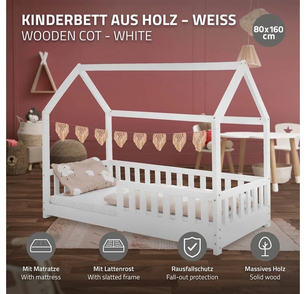 ML-DESIGN Spielbett Hausbett Kinderbett Weiß Kiefer mit Lattenrost