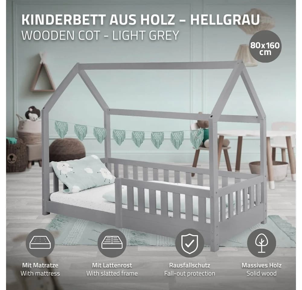 ML-DESIGN Spielbett Hausbett Kinderbett Kiefer Hellgrau mit Matratze