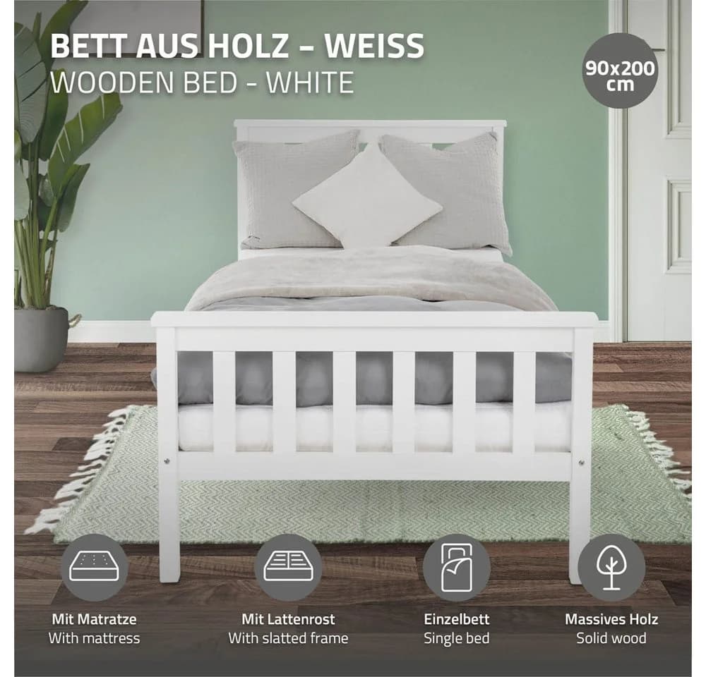 ML-DESIGN Massivholzbett Kiefer Weiß mit Matratze