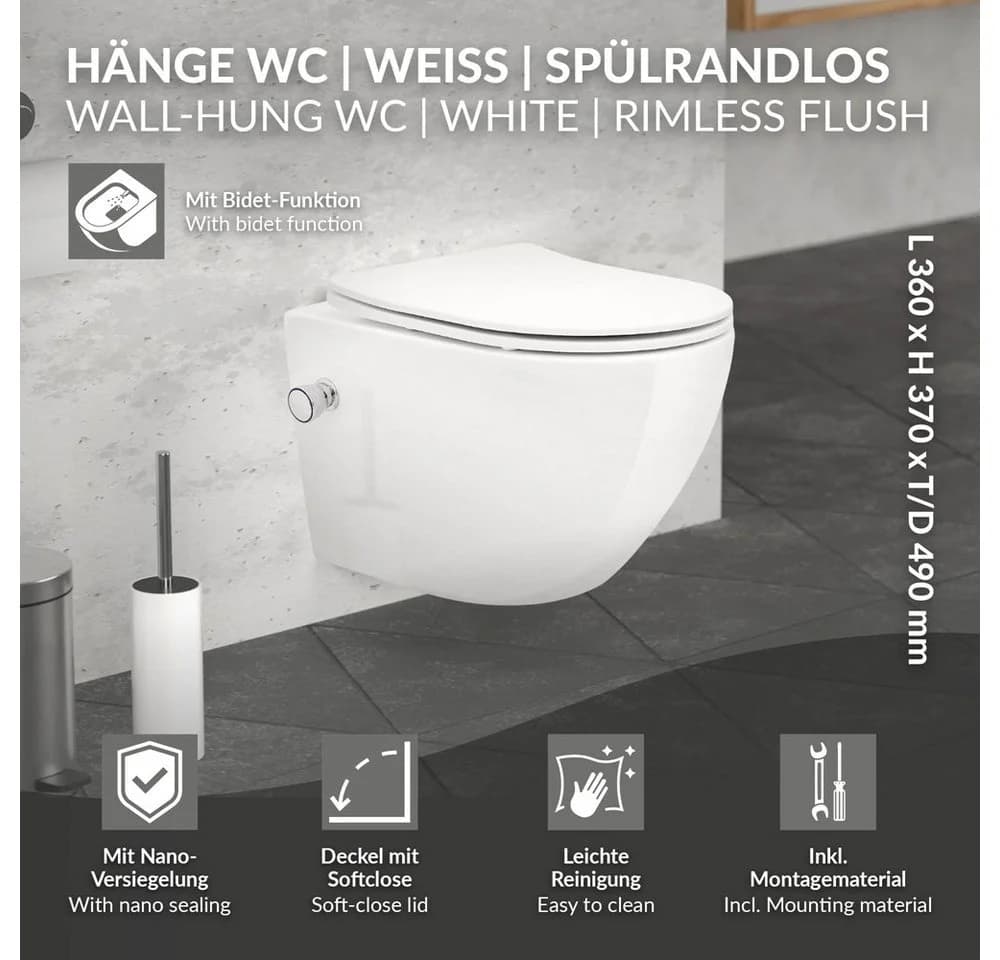 LuxeBath Spülrandloses Hänge-WC mit Bidet-Funktion und Nano-Beschichtung