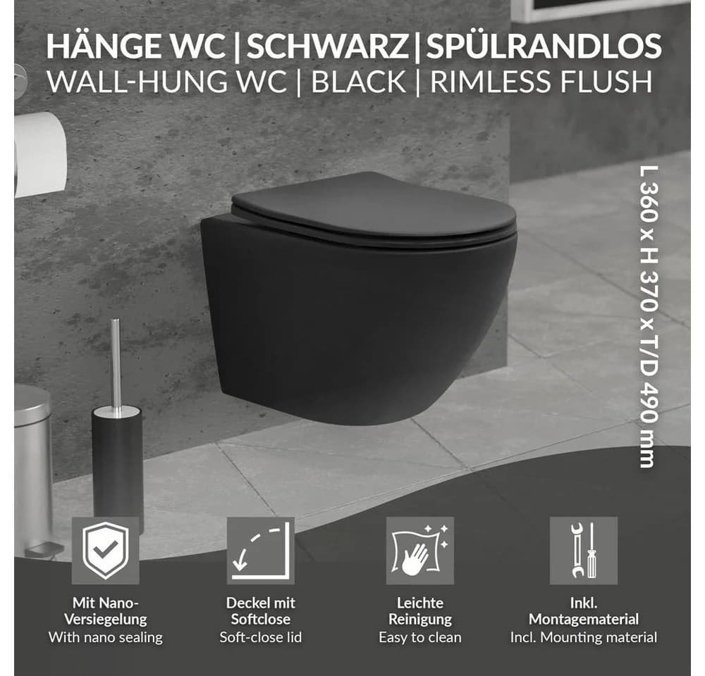 LuxeBath Spülrandloses Hänge-WC Schwarz matt mit Softclose-Sitz