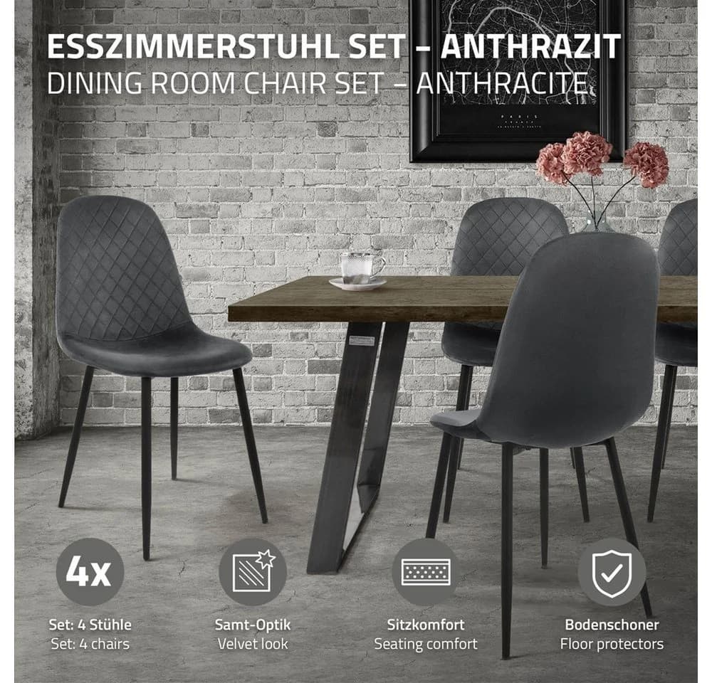 ML-DESIGN Esszimmerstuhl 4er Set Samt Anthrazit Metallbeinen