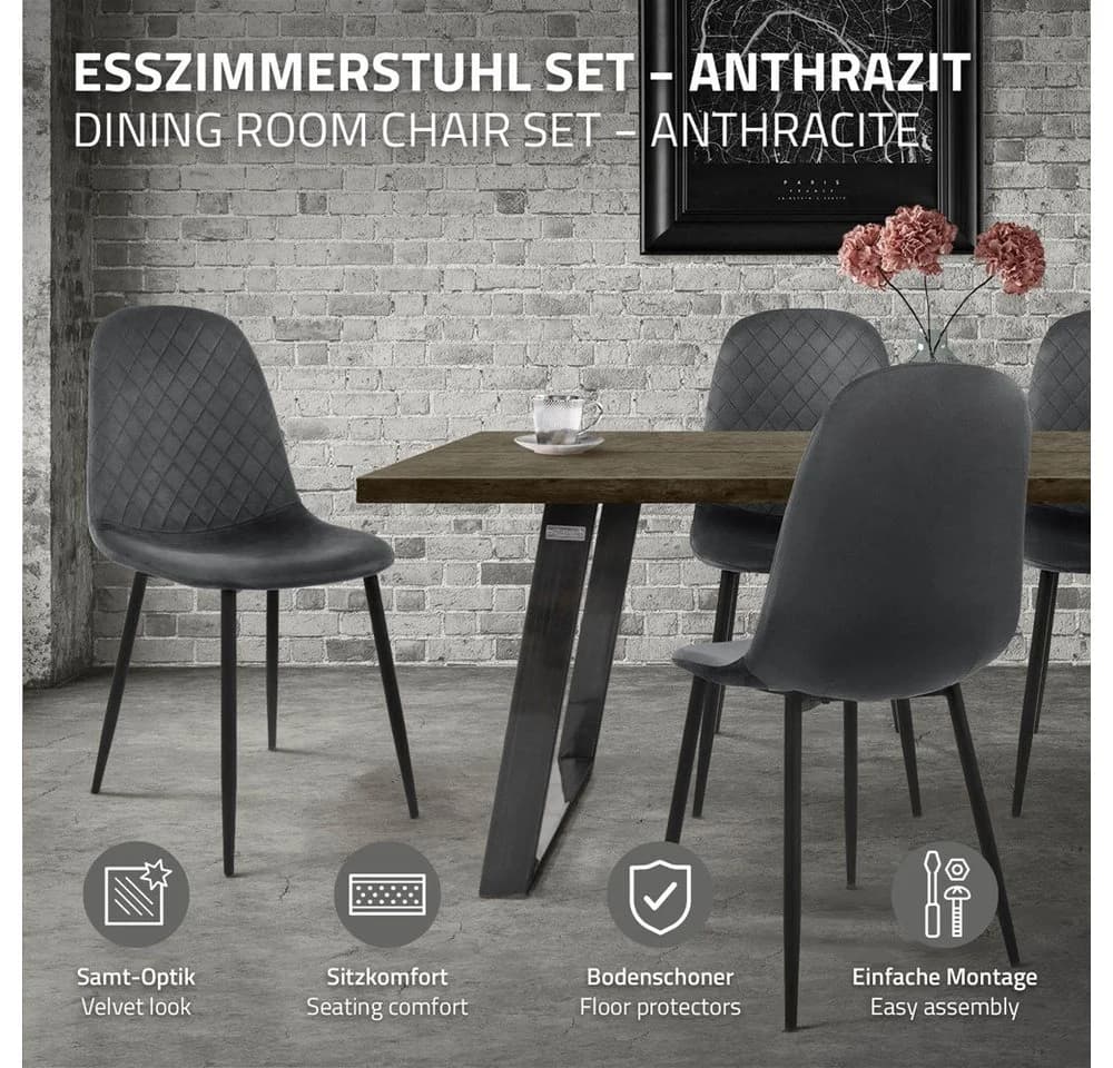 ML-DESIGN Esszimmerstuhl 4er Set Samt Anthrazit Metallbeinen - Bild 3
