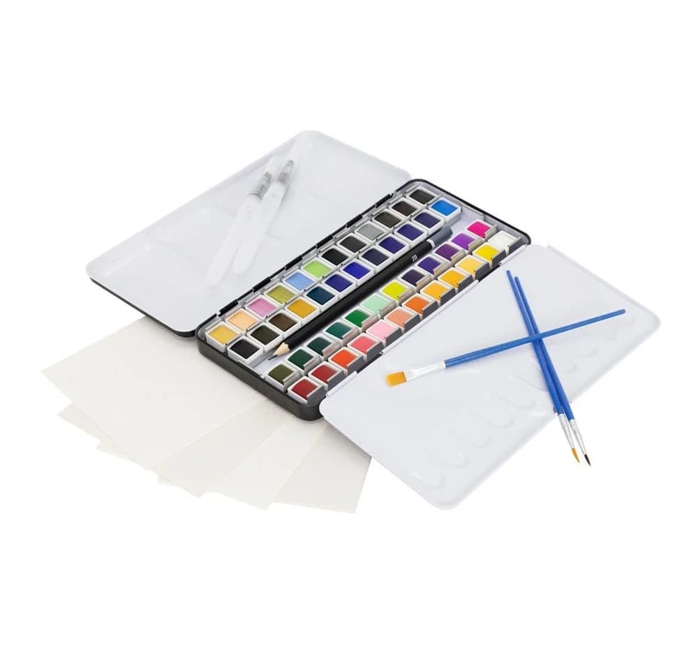 ECD Germany Kreativset Kunst- und Zeichenset Malkoffer für Kinder und Erwachsene, 48-tlg, Aquarellfarben Set 48 Farben, Pinsel, Bleistift 2B, Aquarellstift - Bild 2