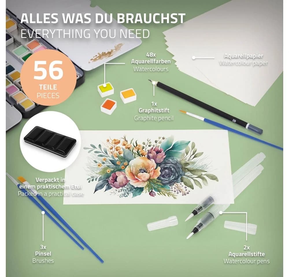 ECD Germany Kreativset Kunst- und Zeichenset Malkoffer für Kinder und Erwachsene, 48-tlg, Aquarellfarben Set 48 Farben, Pinsel, Bleistift 2B, Aquarellstift - Bild 3