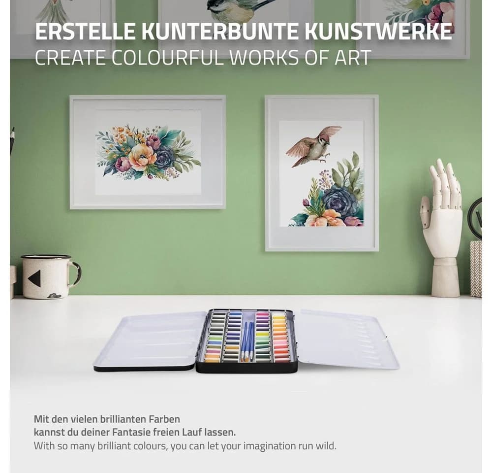 ECD Germany Kreativset Kunst- und Zeichenset Malkoffer für Kinder und Erwachsene, 48-tlg, Aquarellfarben Set 48 Farben, Pinsel, Bleistift 2B, Aquarellstift - Bild 5