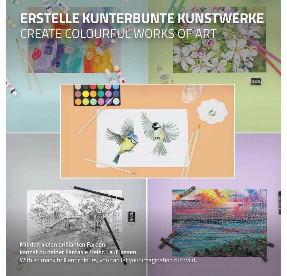 ECD Germany Standstaffelei Kunst- und Zeichenset Malset 140-Teilig mit Staffelei, Wasserfarben, Pastellkreide, Pinselset - Bild 4
