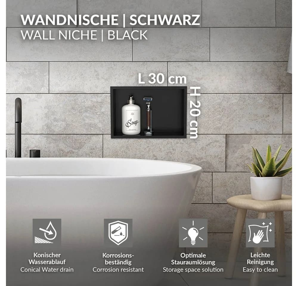 LuxeBath Duschnische Schwarz Edelstahl Einbauregal