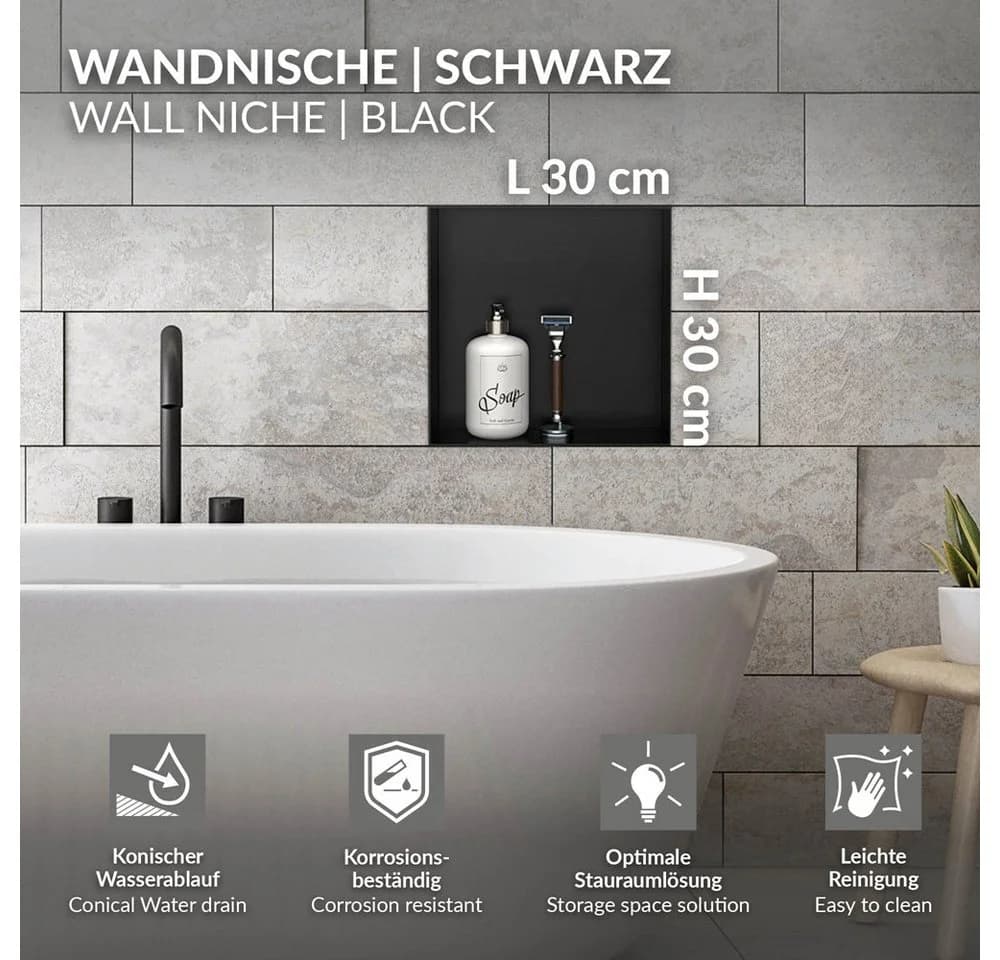 LuxeBath Duschnische Schwarz Einbaubar Edelstahl Randlos