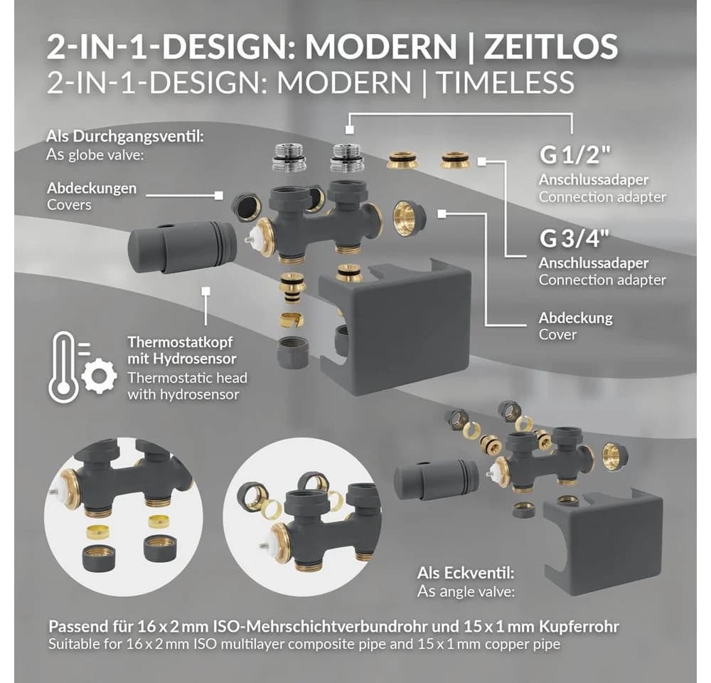LuxeBath Heizkörperthermostat Multiblock Mittelanschluss Anthrazit - Bild 3
