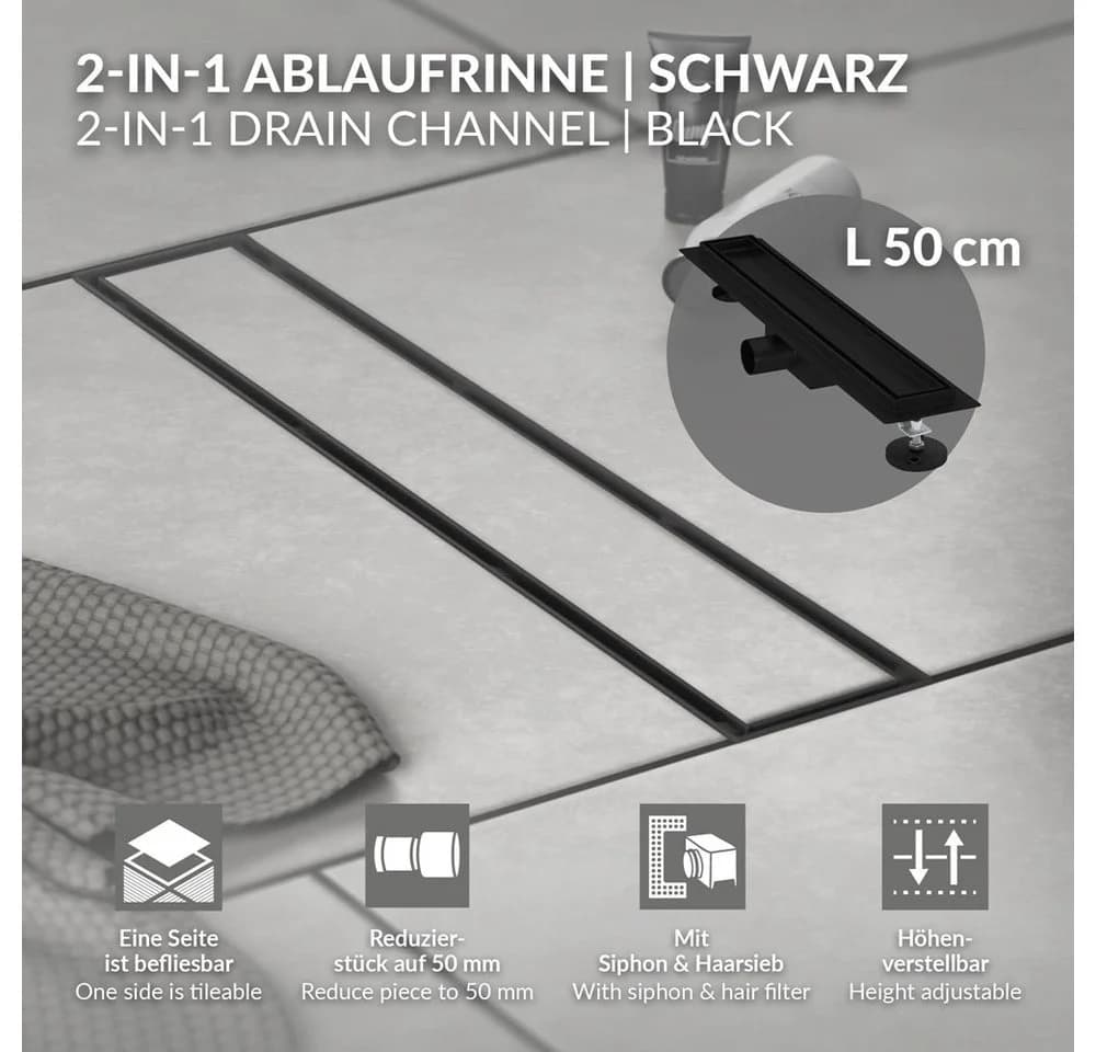 LuxeBath Duschrinne Edelstahl Schwarz Doppelseitig Befliesbar