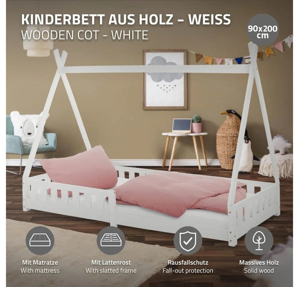 ML-DESIGN Spielbett Tipi Zeltbett Weiß mit Matratze - Bild 1