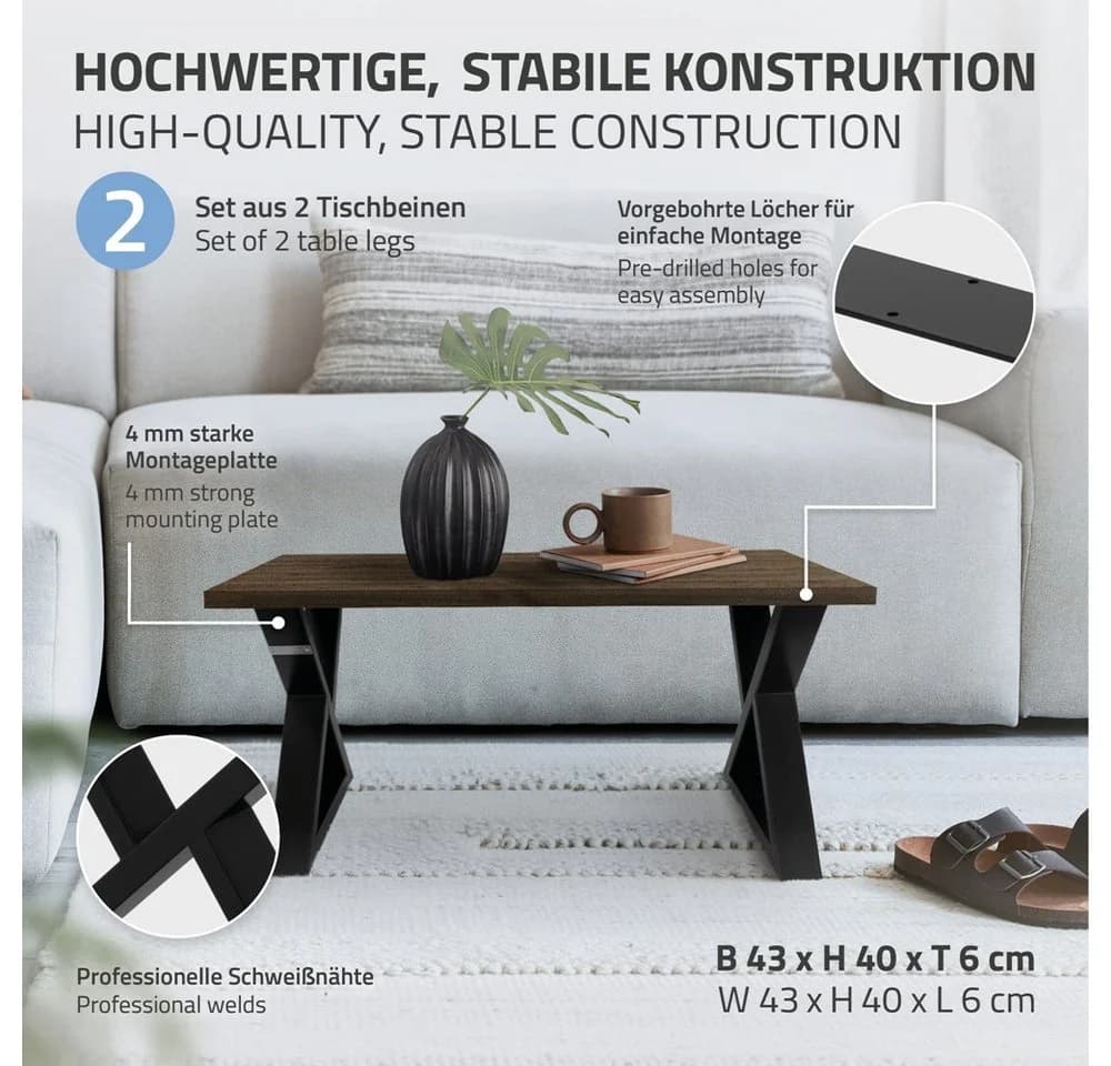 ML-DESIGN Tischbein 2er Set X-Form Schwarz Stahl Industrial