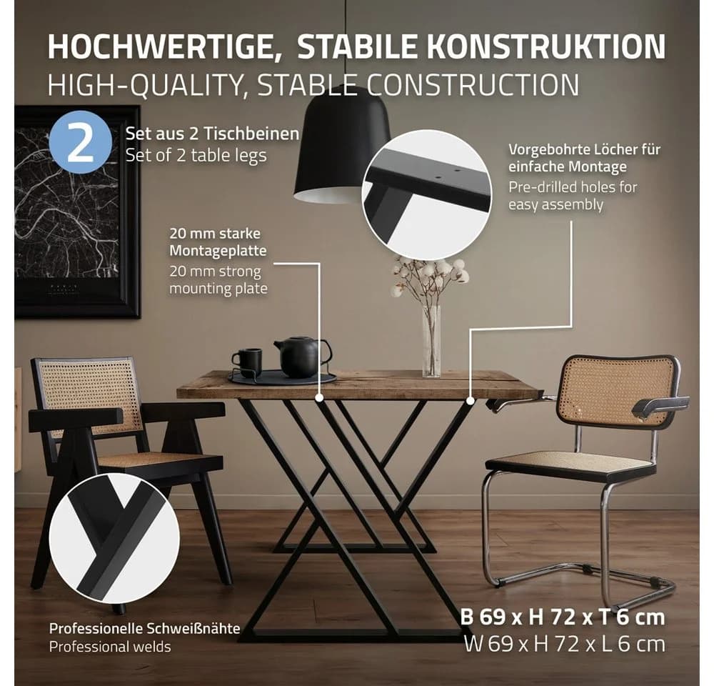 ML-Design Tischbein 2er Set Tischgestell Tischkufen Möbelfüße aus Stahl Industriedesign, Kufengestell X-Form Schwarz für Esstisch/Schreibtisch DIY-Projekte