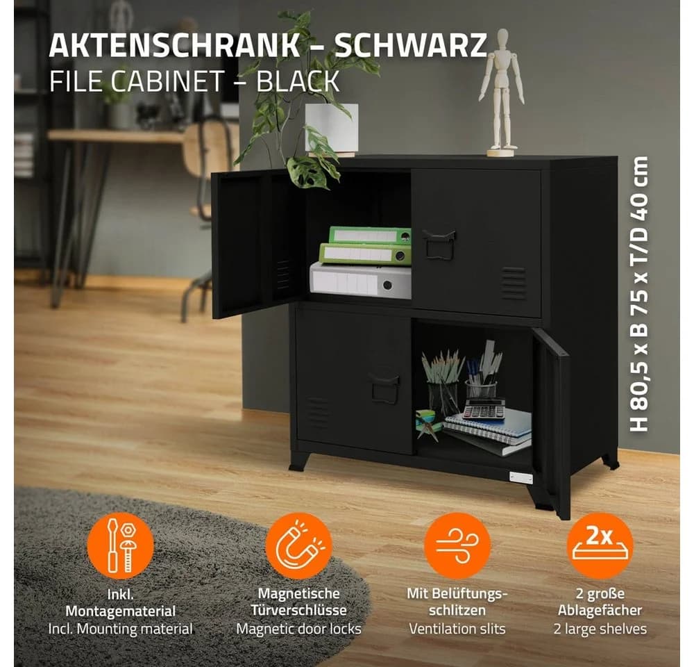 ML-DESIGN Aktenschrank Schwarz Stahl 4 Türen Magnetverschluss