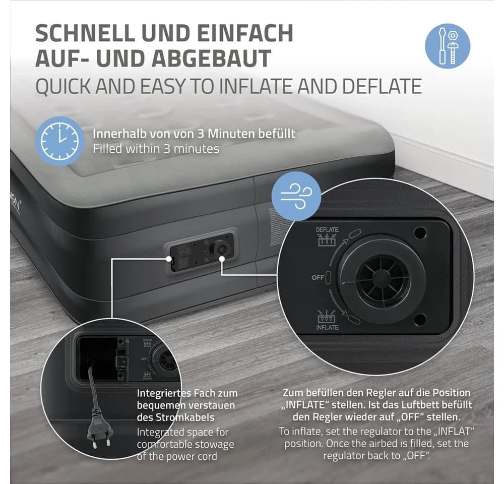 ML-DESIGN Luftbett Grau mit elektrischer Luftpumpe und Flockvelours - Bild 5