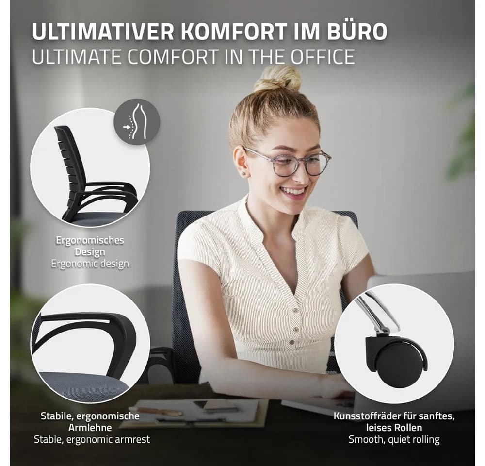 ML-DESIGN Bürostuhl Schreibtischstuhl ergonomisch mit Armlehnen Wippfunktion 360° drehbar, Computerstuhl Grau - Bild 3