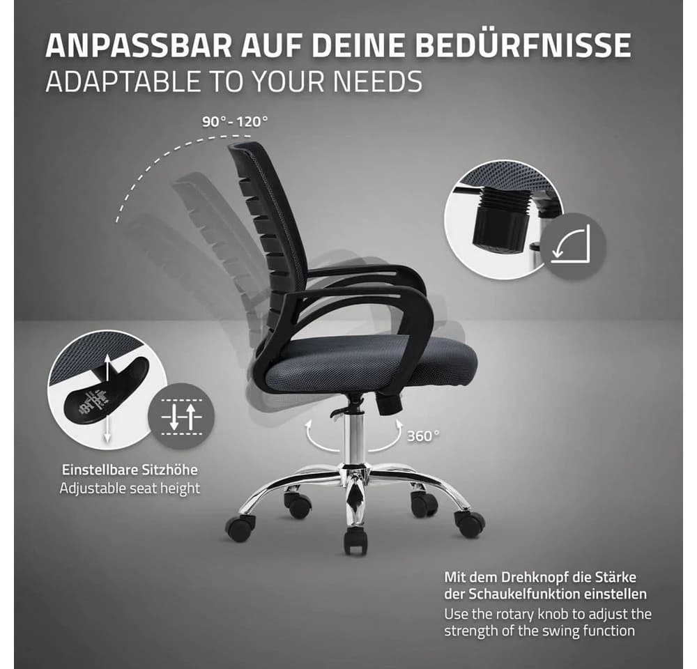 ML-DESIGN Bürostuhl Schreibtischstuhl ergonomisch mit Armlehnen Wippfunktion 360° drehbar, Computerstuhl Grau - Bild 4