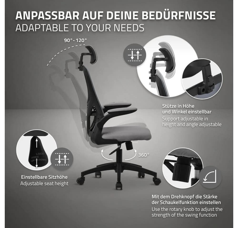 ML-DESIGN Bürostuhl Ergonomisch mit Verstellbarer Kopfstütze und Armlehnen Grau - Bild 4